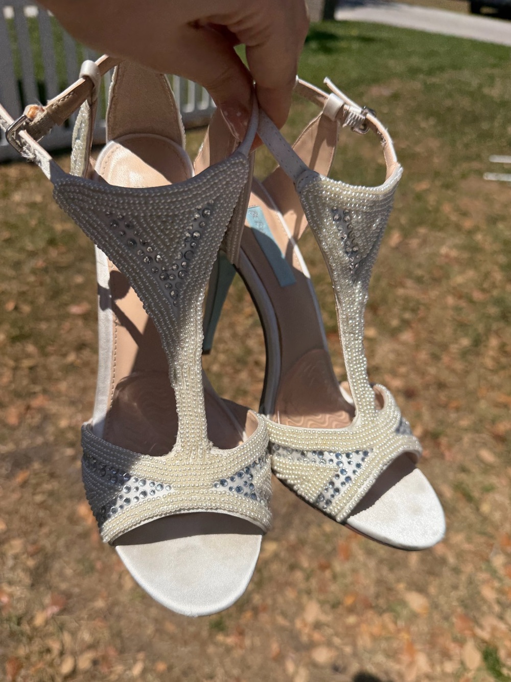 Betsey Johnson Ivory Crystal T-Strap Evening Heels